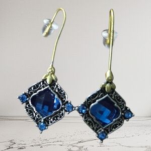 Blue and Gold Hook Earrings